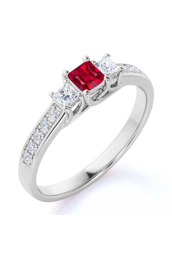 Vintage 1 ct Square Cut Sunset Lab Created Ruby 3 Stone Engagement Ring in 18K White Gold over Silver