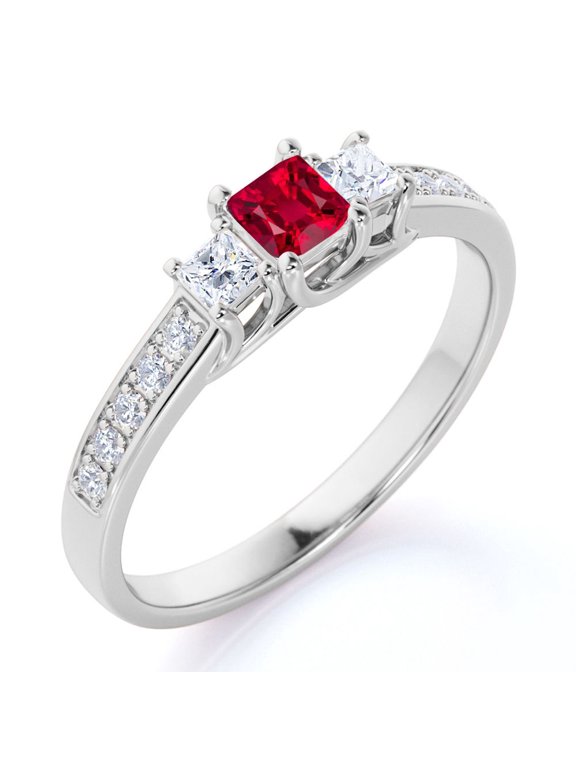 Vintage 1 ct Square Cut Sunset Lab Created Ruby 3 Stone Engagement Ring in 18K White Gold over Silver
