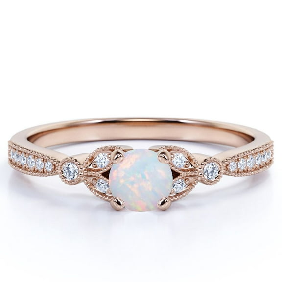 JeenMata Vintage 1 ct round Welo Opal and Moissanite Floral Engagement Ring in 18K Rose Gold over Silver