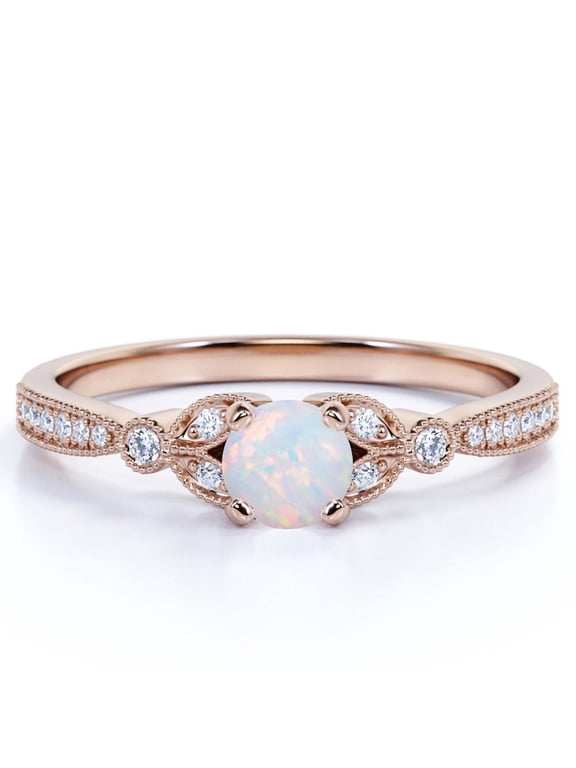 Vintage 1 ct round Welo Opal and Moissanite Floral Engagement Ring in 18K Rose Gold over Silver