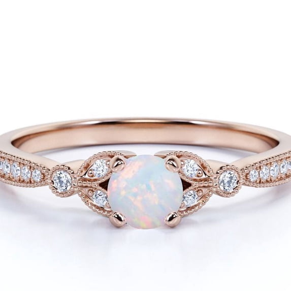 JeenMata Vintage 1 ct round Welo Opal and Moissanite Floral Engagement Ring in 18K Rose Gold over Silver