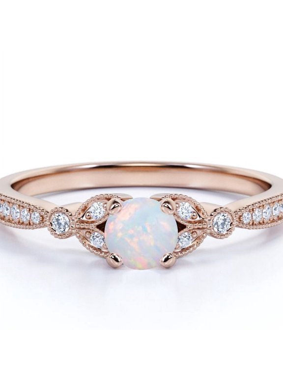 Vintage 1 ct round Welo Opal and Moissanite Floral Engagement Ring in 18K Rose Gold over Silver