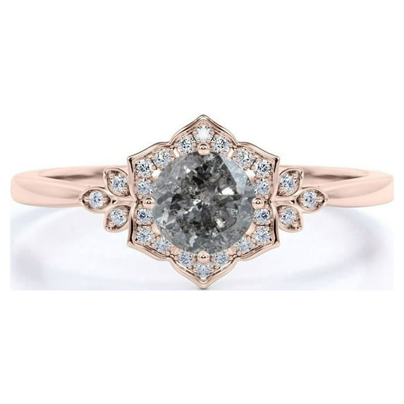 JeenMata Vintage .70 Carat Round Cut Natural Salt and Pepper Diamond Flower Halo Engagement Ring in 18K Rose Gold over Silver