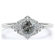 JEENMATA Vintage .70 Carat Round Cut Natural Salt and Pepper Diamond Flower Halo Engagement Ring in 18k White Gold over Silver
