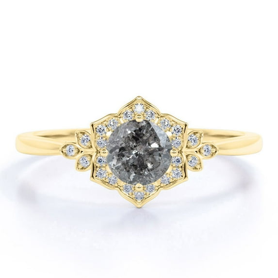 JeenMata Vintage .70 Carat Round Cut Natural Salt and Pepper Diamond Flower Halo Engagement Ring in 18k Yellow Gold over Silver