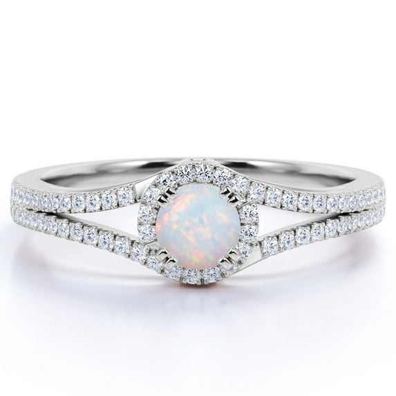 JeenMata Vintage .83 ct Round Blue Opal and Moissanite Birthstone Promise Ring in 18K White Gold over Silver