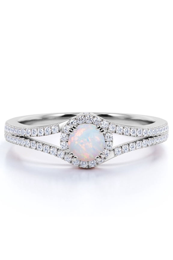Vintage .83 ct Round Blue Opal and Moissanite Birthstone Promise Ring in 18K White Gold over Silver