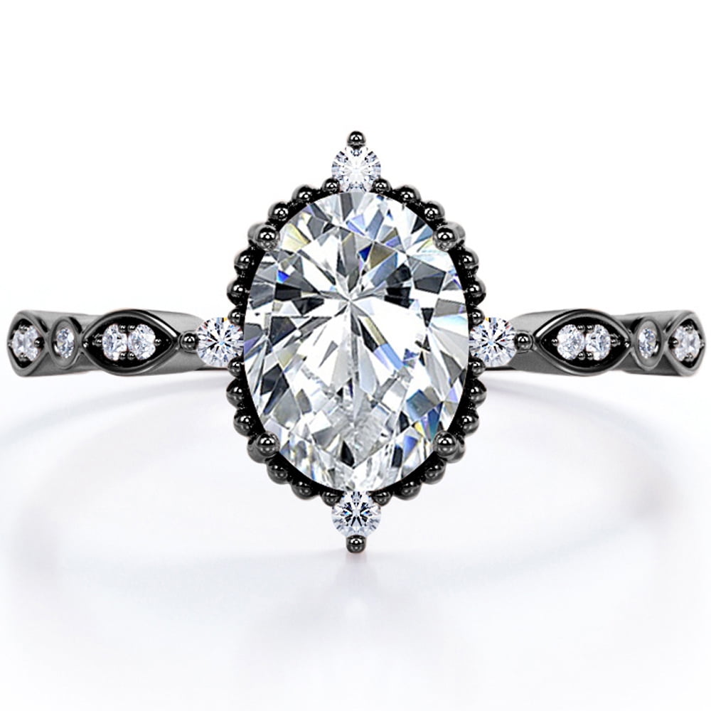 JeenMata Vintage Filigree Bezel 1 5 Carat Oval Shape Moissanite 5 Stone Milgrain Decorative Engagement Ring In 18K White Gold Plating Over Silver