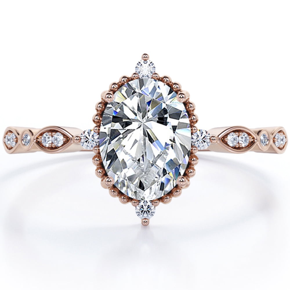 JeenMata 1.5 Carat Moissanite Oval Shape - Vintage Filigree Bezel 5-Stone Milgrain Decorative Engagement Ring In 18K Rose Gold Plating for Women