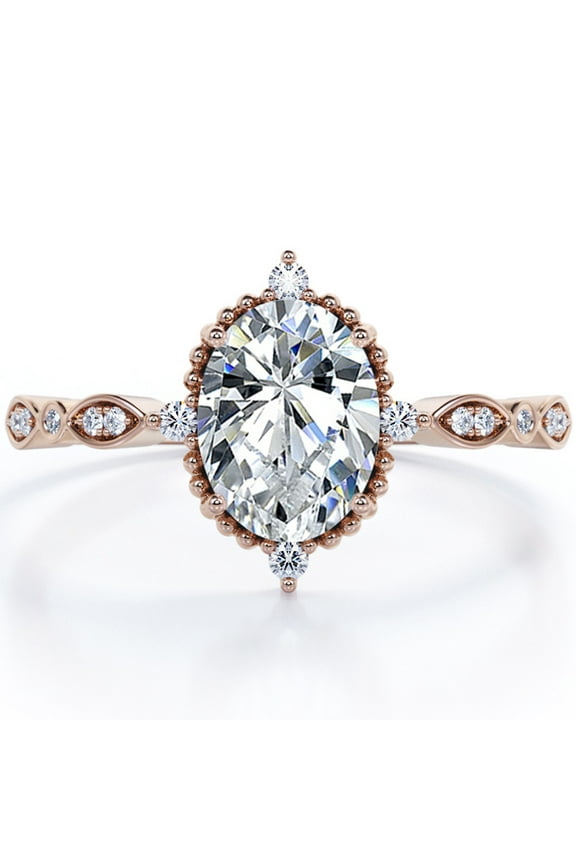 1.5 Carat Moissanite Oval Shape - Vintage Filigree Bezel 5-Stone Milgrain Decorative Engagement Ring In 18K Rose Gold Plating for Women