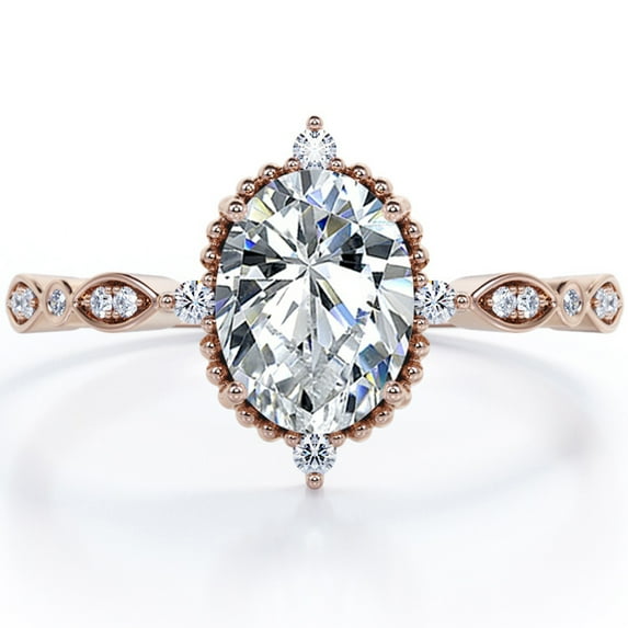 JeenMata 1.5 Carat Moissanite Oval Shape - Vintage Filigree Bezel 5-Stone Milgrain Decorative Engagement Ring In 18K Rose Gold Plating for Women