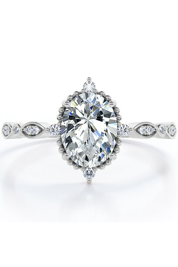 1.5 Carat Moissanite Oval Shape - Vintage Filigree Bezel 5-Stone Milgrain Decorative Engagement Ring In 18K White Gold Plating for Women