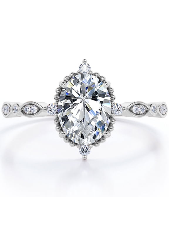 1.5 Carat Moissanite Oval Shape - Vintage Filigree Bezel 5-Stone Milgrain Decorative Engagement Ring In 18K White Gold Plating for Women