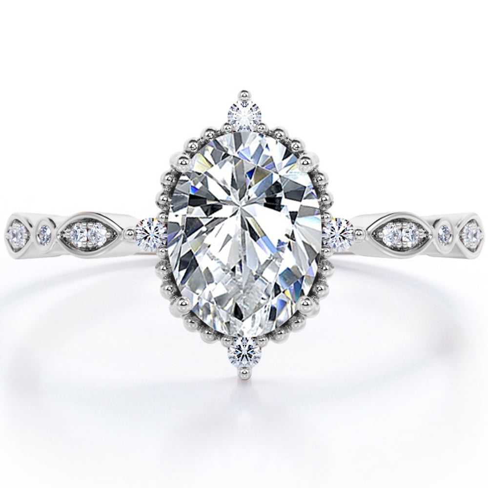 JeenMata 1.5 Carat Moissanite Oval Shape - Vintage Filigree Bezel 5-Stone Milgrain Decorative Engagement Ring In 18K White Gold Plating for Women