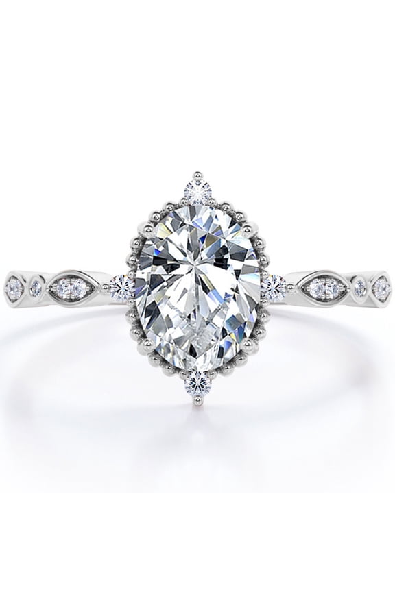 1.5 Carat Moissanite Oval Shape - Vintage Filigree Bezel 5-Stone Milgrain Decorative Engagement Ring In 18K White Gold Plating for Women