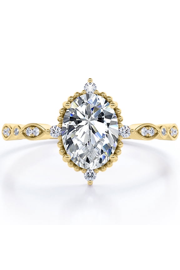 1.5 Carat Moissanite Oval Shape - Vintage Filigree Bezel 5-Stone Milgrain Decorative Engagement Ring In 18K Yellow Gold Plating for Women