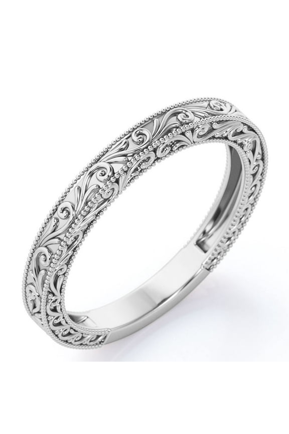 Vintage Filigree Wedding Band - Milgrain Edge - in 18k White Gold Plating for Women