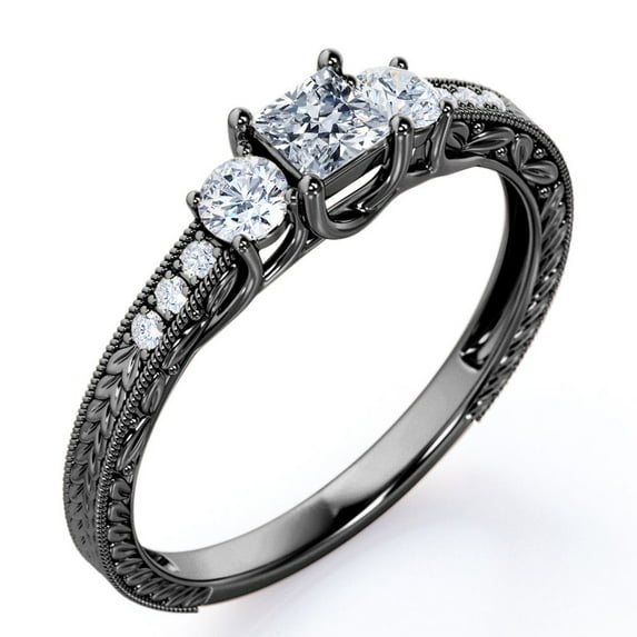 JeenMata Vintage Half Carat Princess Cut Diamond - Channel Set Band - Edwardian Gothic Engagement Ring in 10K Black Gold