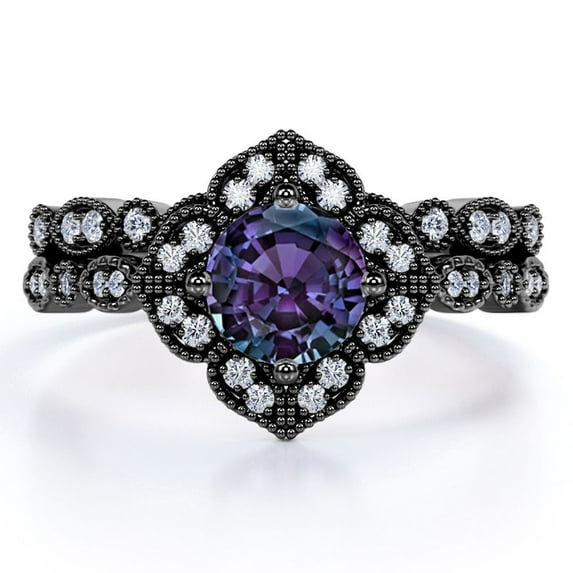 JeenMata Vintage Milgrain 1.75 Carat Round Cut Lab Created Alexandrite and Moissanite Matching Wedding Ring Set in 18k Black Gold over Silver