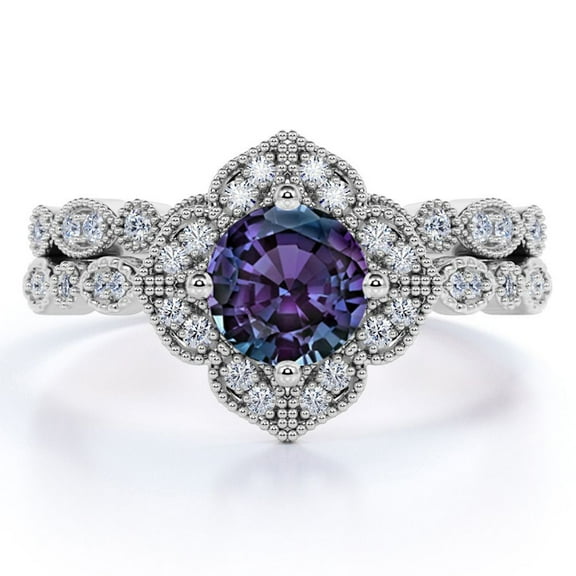 JeenMata Vintage Milgrain 1.75 Carat Round Cut Lab Created Alexandrite and Moissanite Matching Wedding Ring Set in 18k White Gold over Silver