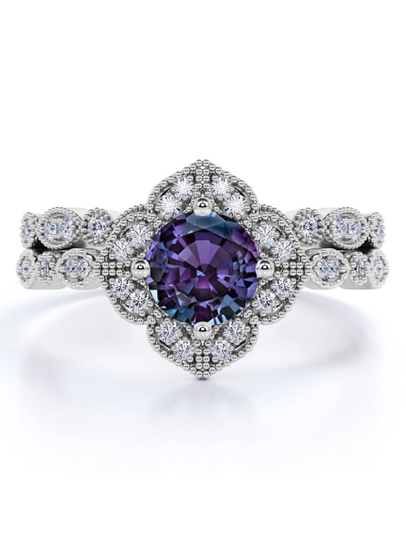Vintage Milgrain 1.75 Carat Round Cut Lab Created Alexandrite and Moissanite Matching Wedding Ring Set in 18k White Gold over Silver
