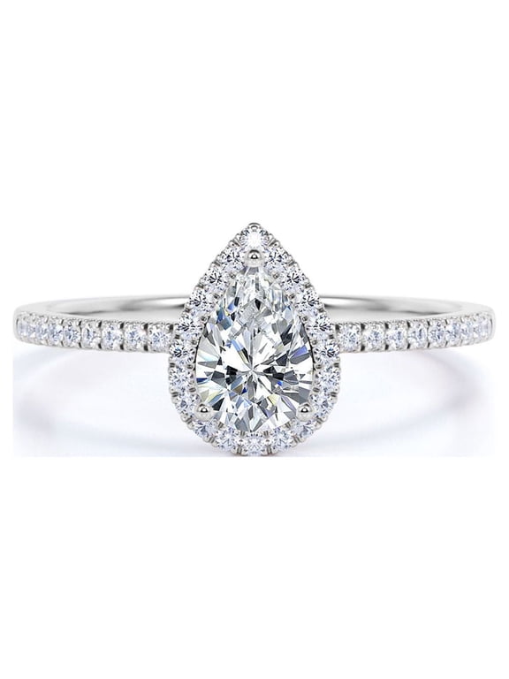 Vintage Pear Shaped Lab Grown Diamond Halo Engagement Ring in 10K White Gold