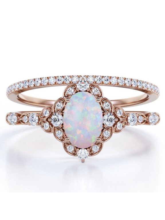 Vintage Style Five-Stone 1.5 Carat Elliptical Rainbow Opal And Moissanite Cluster Pave Bridal Set In 18K Rose Gold Plating Over Silver