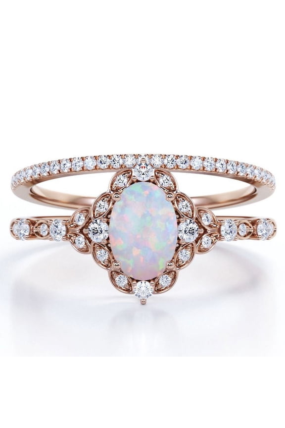 Vintage Style Five-Stone 1.5 Carat Elliptical Rainbow Opal And Moissanite Cluster Pave Bridal Set In 18K Rose Gold Plating Over Silver