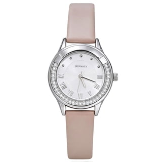 JeenMata Women's Rhinestone Analog Watch - Silver Case with White Dial, Roman Numerals, Water Resistant Soft Pink Strap Wrist Watch