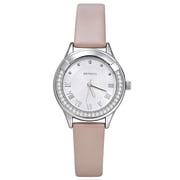 JeenMata Womens Rhinestone Analog Watch - Silver Case with White Dial, Roman Numerals, Water Resistant Soft Pink Strap Wrist Watch