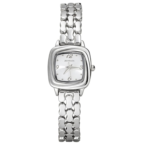 JeenMata Women's Monochrome Silver Watch - White Cushion Dial, Silver Stainless Steel Open-Link Bracelet, Water Resistant Dress Watch