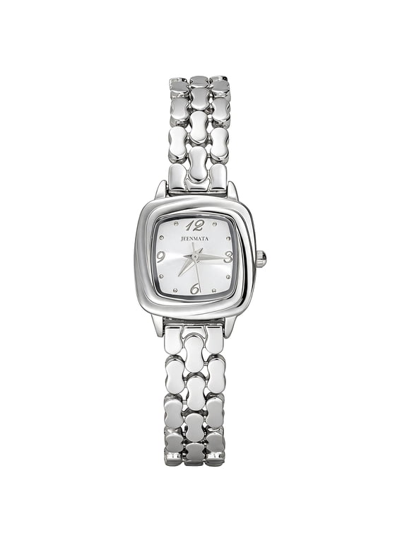 Women's Monochrome Silver Watch - White Cushion Dial, Silver Stainless Steel Open-Link Bracelet, Water Resistant Dress Watch