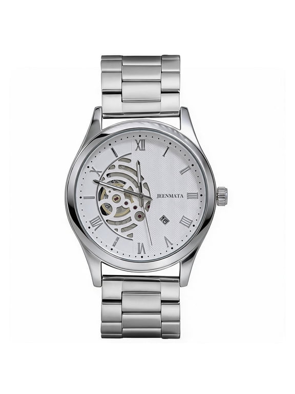 Men’s Skeleton Dial Stainless Steel Watch, Water-Resistant White Dial with Roman Numerals