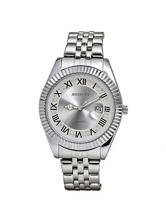 Men’s Stainless Steel Watch, Water-Resistant White Dial with Roman Numeral Inner Bezel & Date