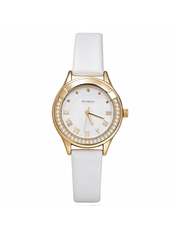 Women's Luxe White & Gold Watch - Rhinestone Accent Gold Case, White Roman Numeral Dial, Water Resistant Fashion Strap Watch