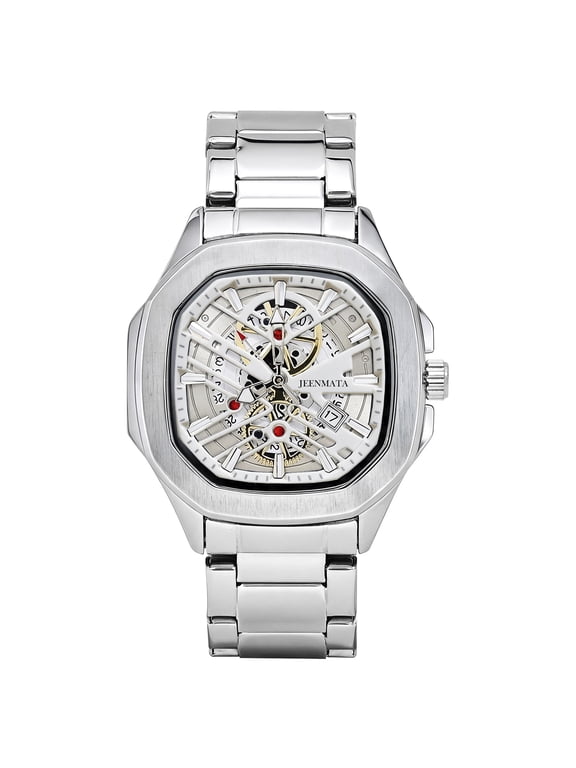 Men’s Stainless Steel Octagon Watch, Water-Resistant White Geometric Skeleton Dial