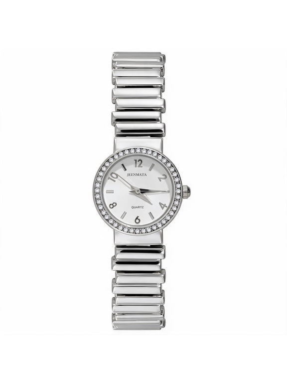 Women's Classic Silver Stretch Watch - Crystal Bezel Silver Stainless Steel Expansion Band, White Dial, Water Resistant