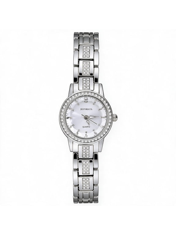 Women's Iced-Out Silver Watch - Rhinestone Bezel & Bracelet, White Dial, Water Resistant Stainless Steel Dress Watch