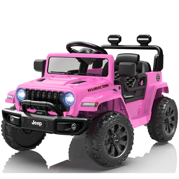 Jeep 12V Ride on Car with Remote Control/Bluetooth, Jeep Wrangler Rubicon Battery Powered Ride on Truck Toy w/Dual Wheel Suspension, Electric Car for Kids Toddler, Pink