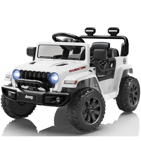 Jeep 12V Ride on Car with Remote Control/Bluetooth, Jeep Wrangler Rubicon Battery Powered Ride on Truck Toy w/Dual Wheel Suspension, Electric Car for Kids Toddler, White