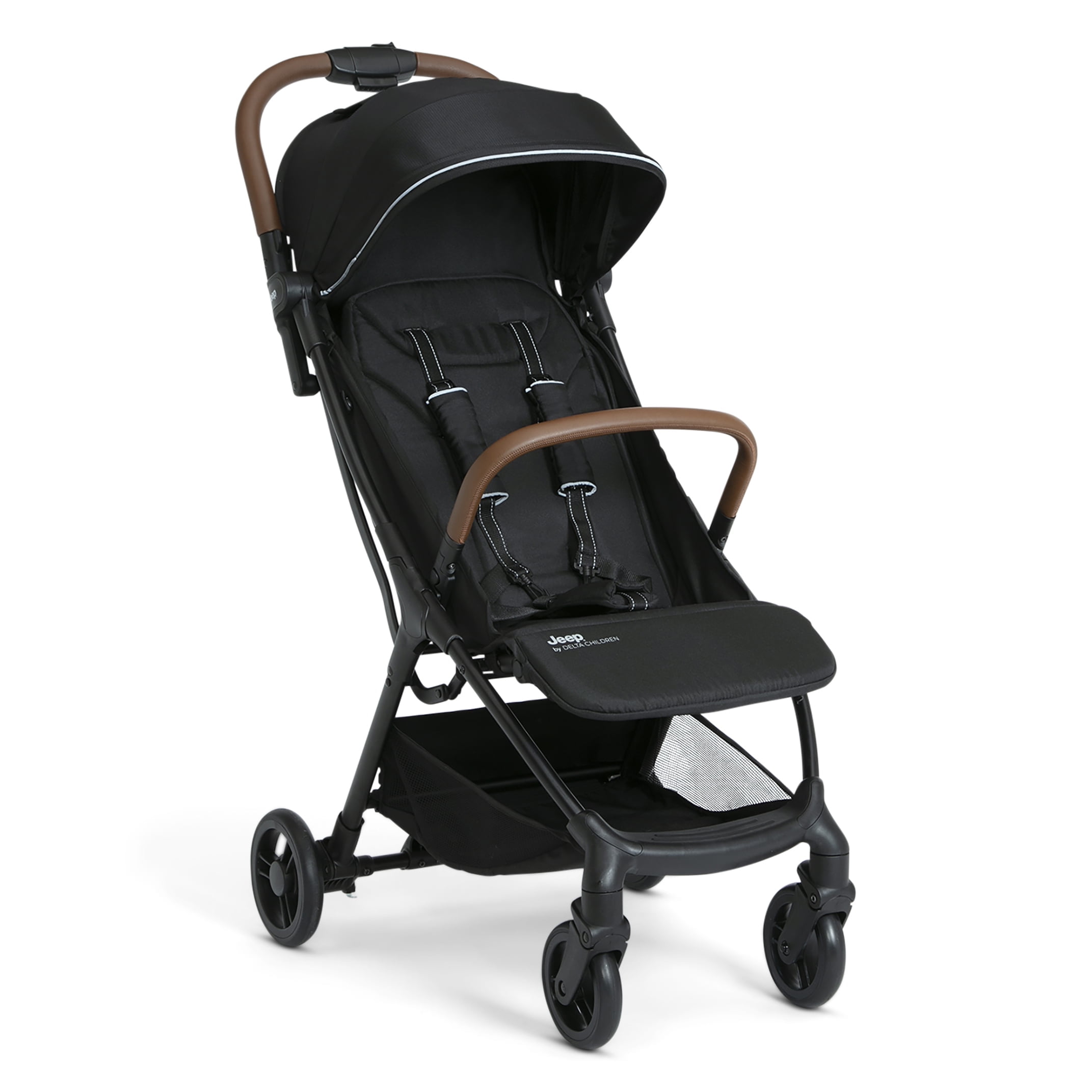 Jeep Altitude Compact Travel Stroller by Delta Children – Greenguard Gold Certified, Easy One Hand Fold, Lightweight, Extendable Canopy with Peek-a-Boo Window, 4 Wheel Suspension, Black