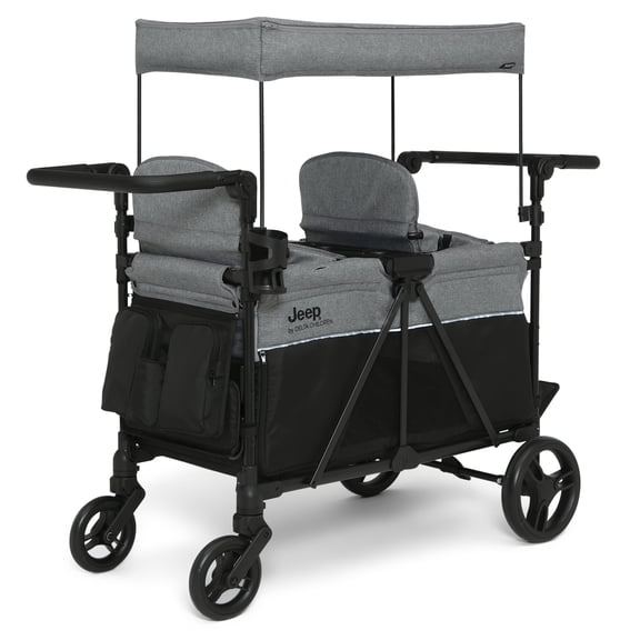 Jeep Aries Stroller Wagon by Delta Children - Premium Wagon for 2 Kids with Convertible Seats, Adjustable Push/Pull Handles, Removable Canopy & Flat Fold - Greenguard Gold Certified, Grey