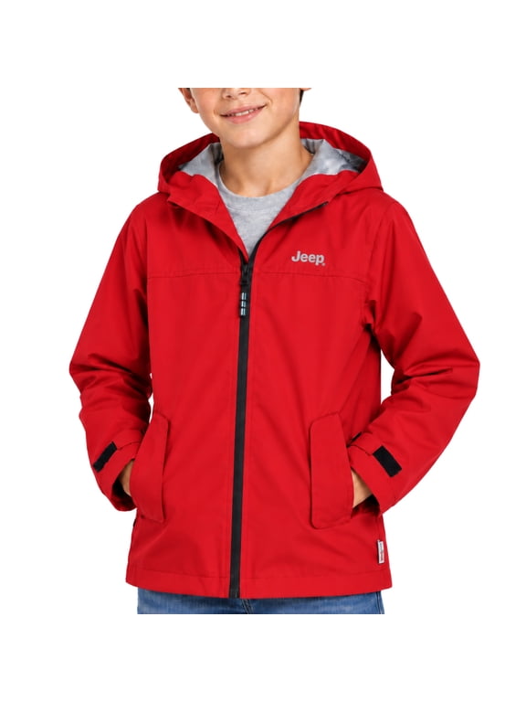 Boys Rain Jacket Water-Resistant Hooded Rain Coat Outerwear with Pockets and Adjustable Cuffs, Size 7, Red