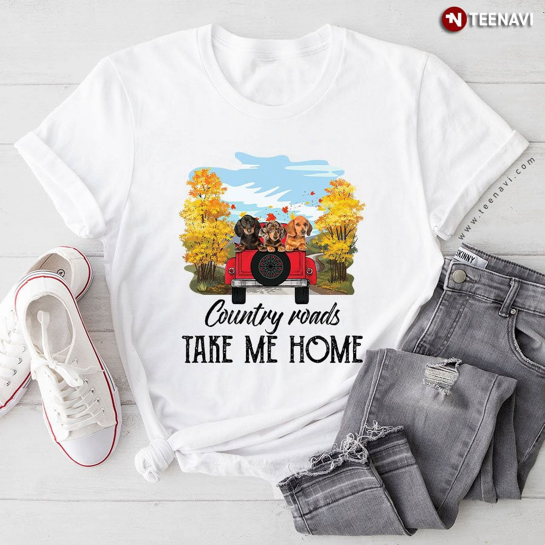 Jeep Car Dachshunds Country Roads Take Me Home Tshirt