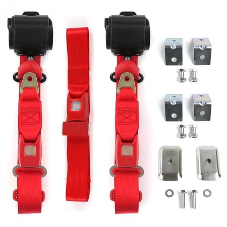 Jeep Cherokee 1974-1983 Standard 3 Point Red Retractable Bench Seat Belt Kit with Bracketry - 3 Belts