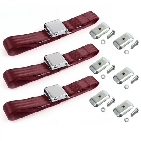 Jeep Cherokee 1984-2001 Airplane 2 Point Burgandy Lap Bench Seat Belt Kit with Bracketry - 3 Belts