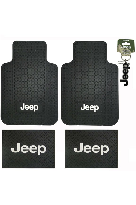 Jeep Factory Logo Front Rear Back All Weather Rubber Black Floor Mats & Keychain