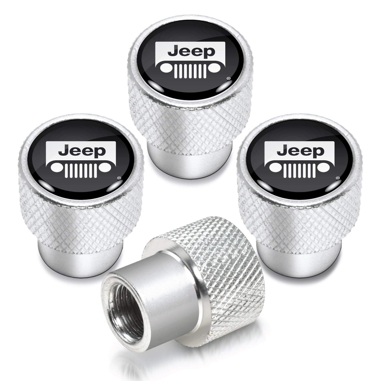 Jeep Grill in Black on Shining Silver Aluminum Tire Valve Stem Caps