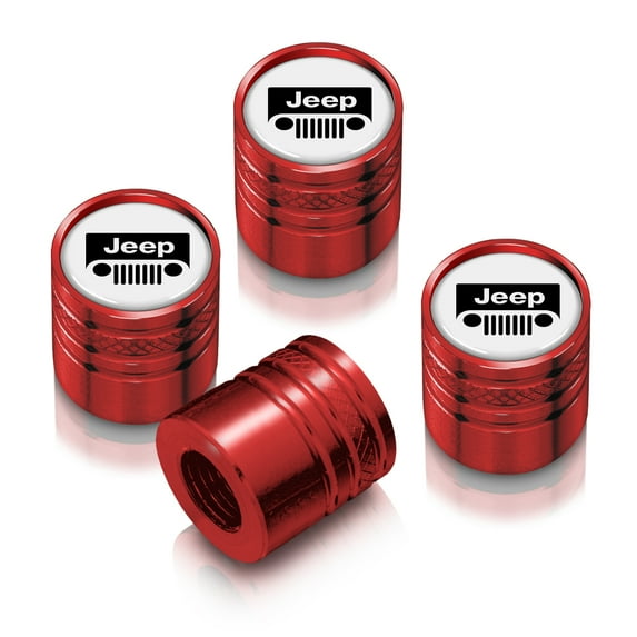 Jeep Grill in White on Red Cylinder-Style Premium Anodized Aluminum Tire Valve Stem Caps - Set of 4