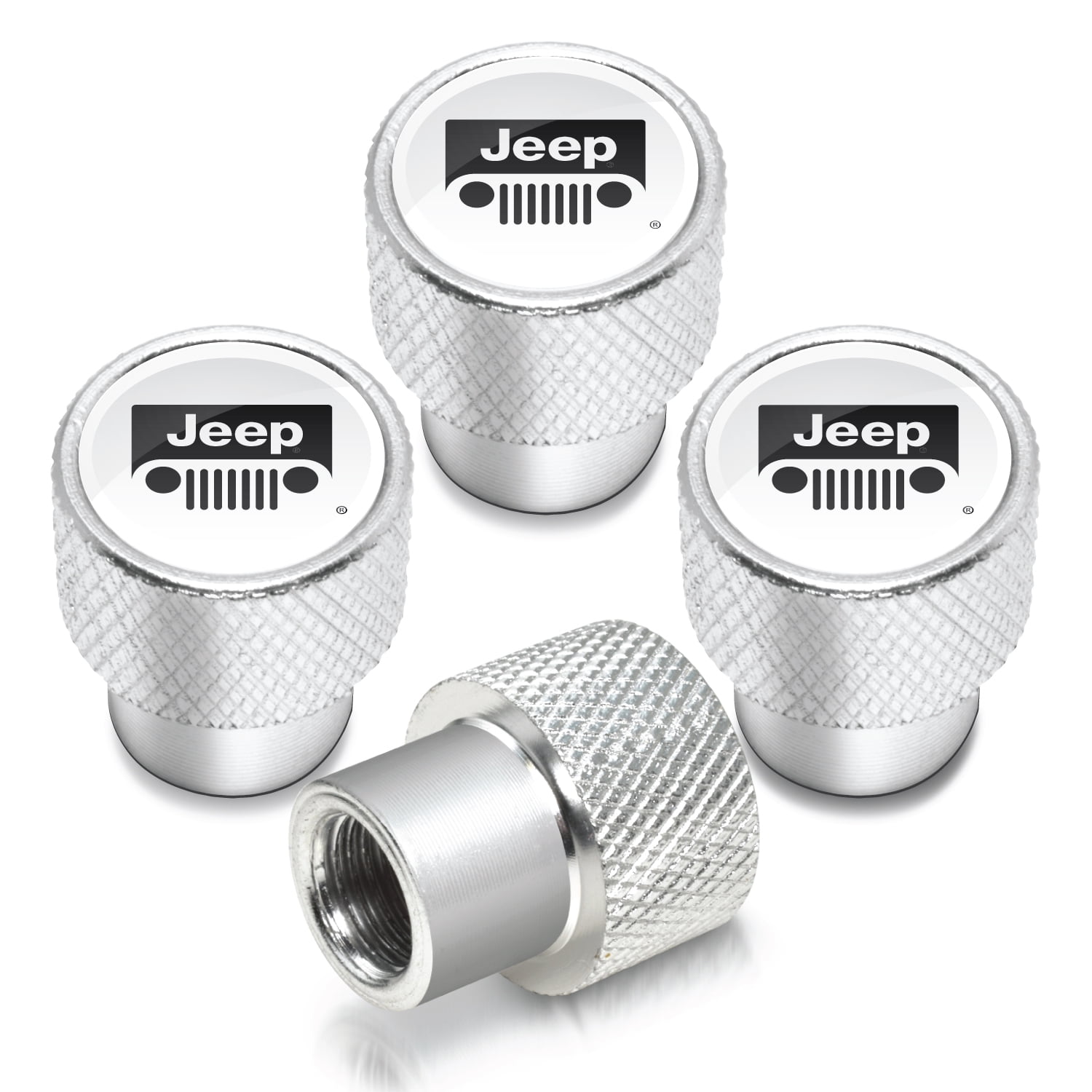 Jeep Grill in White on Shining Silver Aluminum Tire Valve Stem Caps